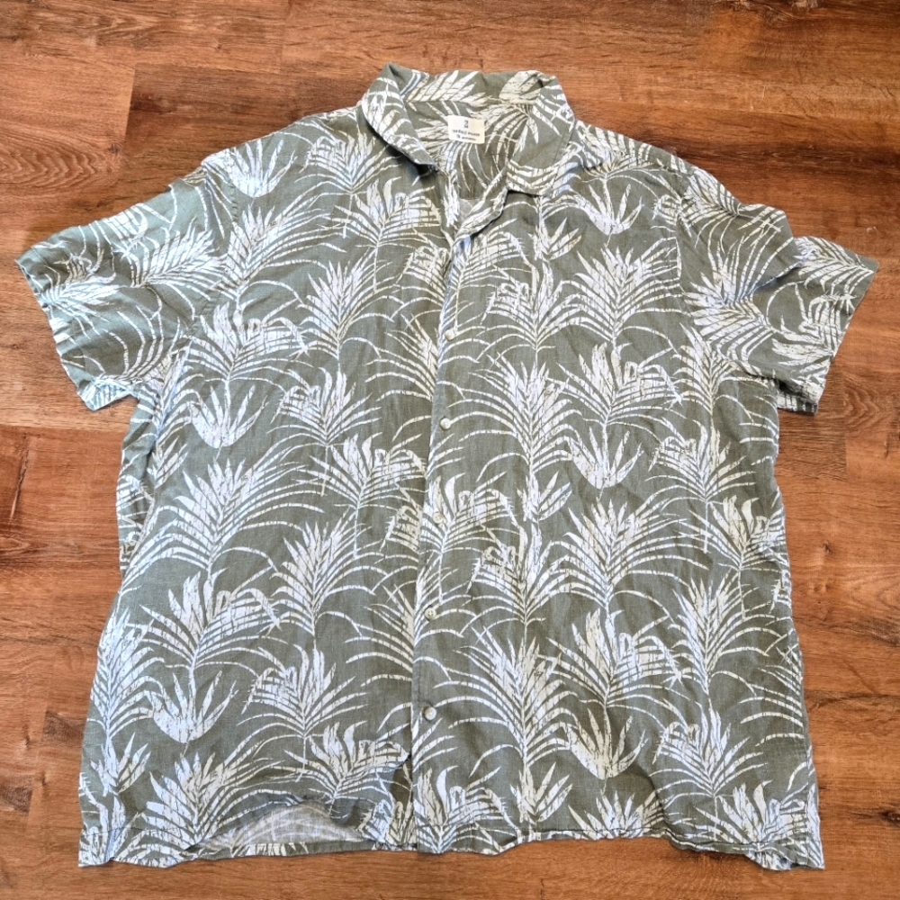 Mutual Weave 2XL Green Palm Print Casual Button Down Linen Blend Shirt
